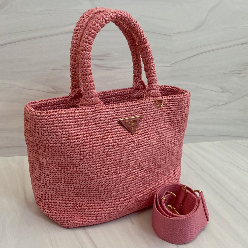 Rare Prada Pink Raffia Tote Shoulder Bag